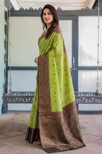 Lemon green silk blend banarasi saree with unstitched blouse piece