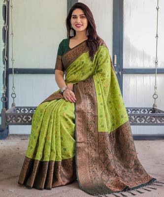 Lemon green silk blend banarasi saree with unstitched blouse piece 3