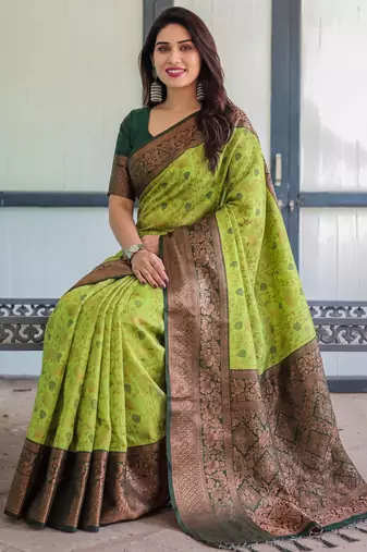 Lemon green silk blend banarasi saree with unstitched blouse piece
