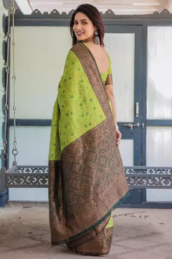 Lemon green silk blend banarasi saree with unstitched blouse piece