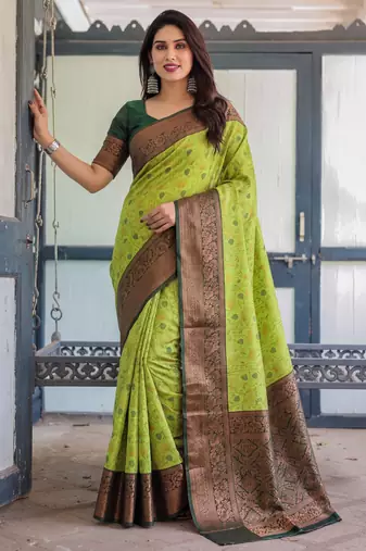 Lemon green silk blend banarasi saree with unstitched blouse piece