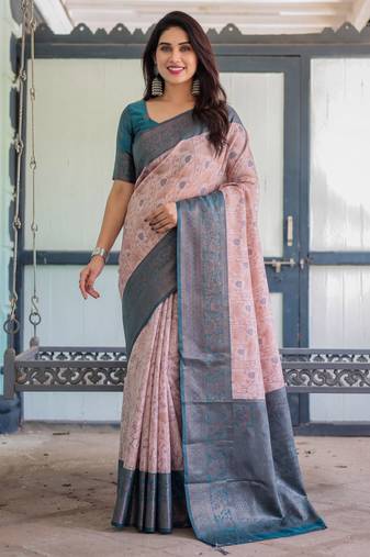 Peach sky soft silk blend banarasi jacuard work designer party wear saree with unstitched blouse piece