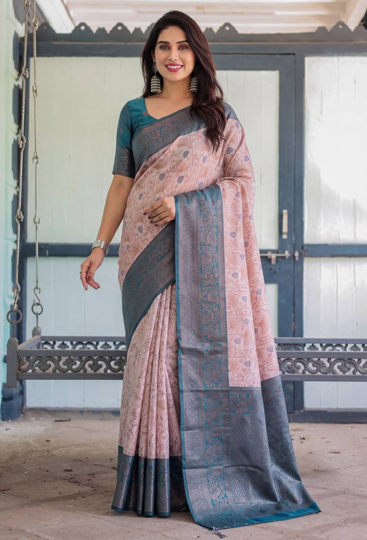 Peach sky soft silk blend banarasi jacuard work designer party wear saree with unstitched blouse piece