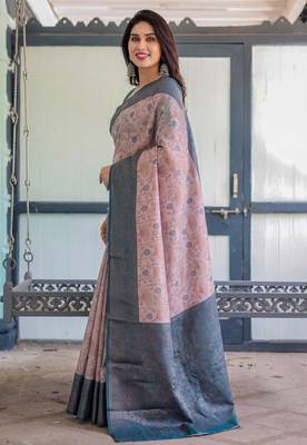 Peach sky silk blend banarasi saree with unstitched blouse piece 2