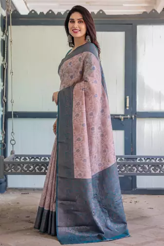 Peach sky silk blend banarasi saree with unstitched blouse piece