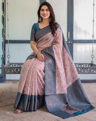 Peach sky silk blend banarasi saree with unstitched blouse piece 3