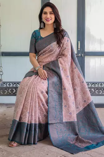 Peach sky silk blend banarasi saree with unstitched blouse piece