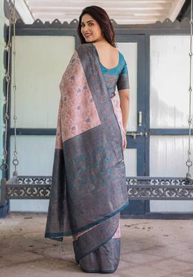 Peach sky silk blend banarasi saree with unstitched blouse piece 4