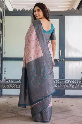 Peach sky silk blend banarasi saree with unstitched blouse piece