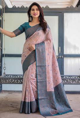 Peach sky silk blend banarasi saree with unstitched blouse piece 5