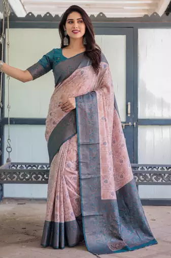 Peach sky silk blend banarasi saree with unstitched blouse piece