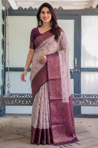Peach wine soft silk blend banarasi jacuard work designer party wear saree with unstitched blouse piece
