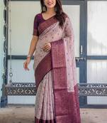 Peach wine silk blend banarasi saree with unstitched blouse piece