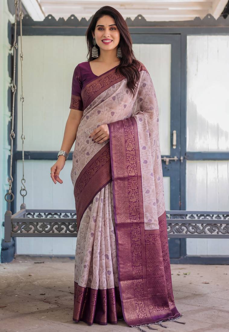 Peach wine soft silk blend banarasi jacuard work designer party wear saree with unstitched blouse piece