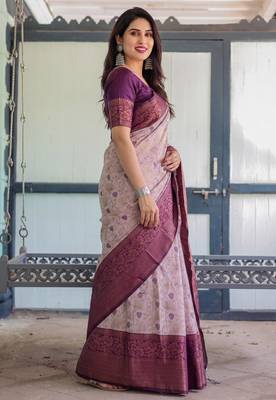 Peach wine silk blend banarasi saree with unstitched blouse piece 2