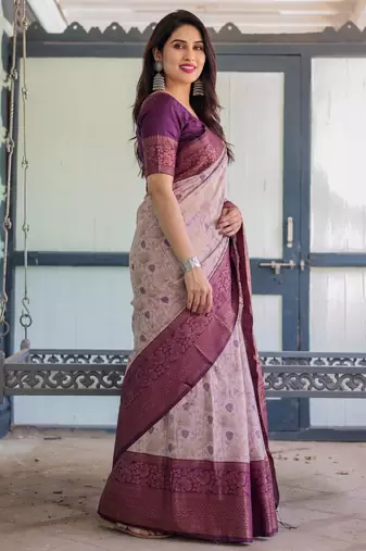 Peach wine silk blend banarasi saree with unstitched blouse piece