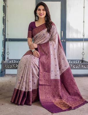 Peach wine silk blend banarasi saree with unstitched blouse piece 3