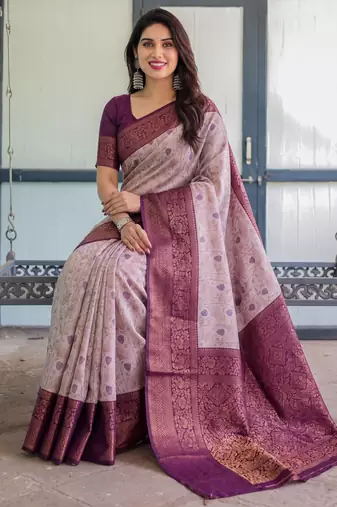 Peach wine silk blend banarasi saree with unstitched blouse piece