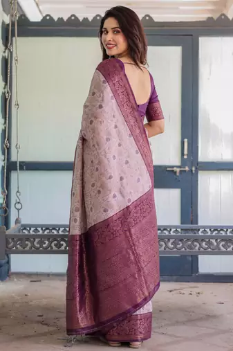 Peach wine silk blend banarasi saree with unstitched blouse piece