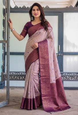 Peach wine silk blend banarasi saree with unstitched blouse piece 5