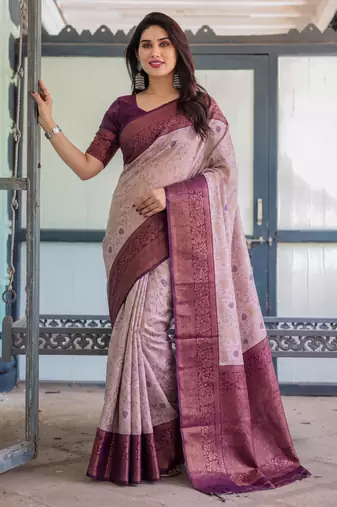 Peach wine silk blend banarasi saree with unstitched blouse piece