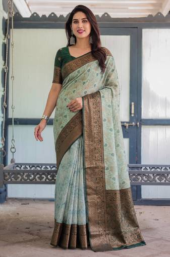 Pista green soft silk blend banarasi jacuard work designer party wear saree with unstitched blouse piece