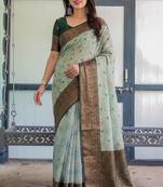 Pista green silk blend banarasi saree with unstitched blouse piece