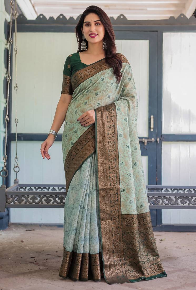 Pista green soft silk blend banarasi jacuard work designer party wear saree with unstitched blouse piece