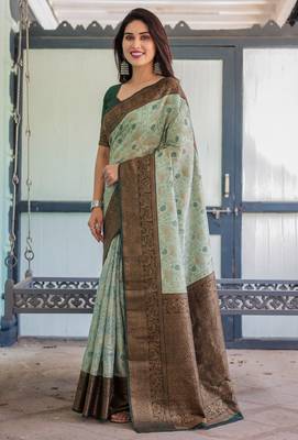 Pista green silk blend banarasi saree with unstitched blouse piece 2