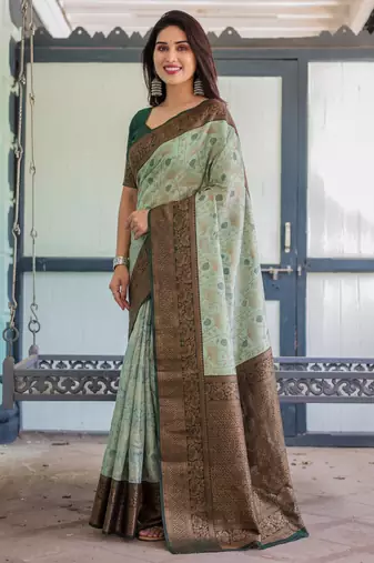 Pista green silk blend banarasi saree with unstitched blouse piece