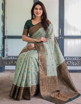 Pista green silk blend banarasi saree with unstitched blouse piece 3