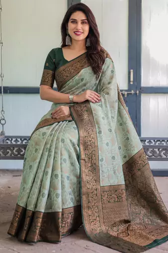 Pista green silk blend banarasi saree with unstitched blouse piece