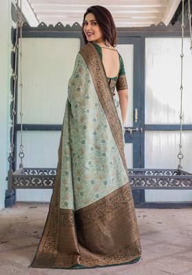 Pista green silk blend banarasi saree with unstitched blouse piece 4