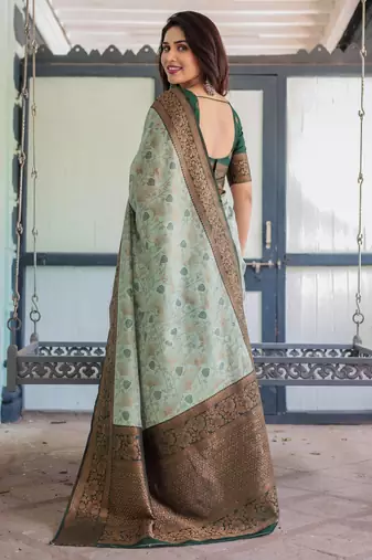 Pista green silk blend banarasi saree with unstitched blouse piece