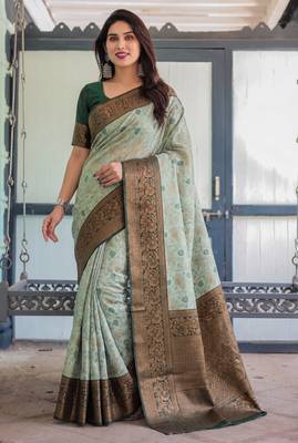Pista green silk blend banarasi saree with unstitched blouse piece 5
