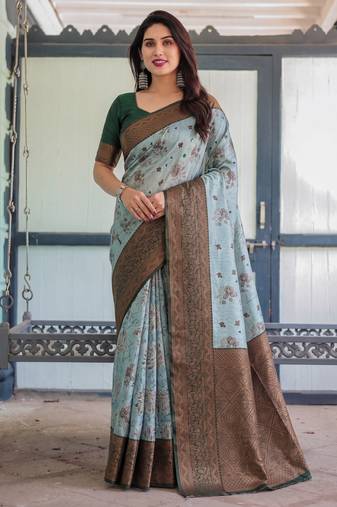 Sea green soft silk blend banarasi jacuard work designer party wear saree with unstitched blouse piece
