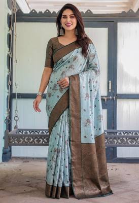 Sea green silk blend banarasi saree with unstitched blouse piece 2