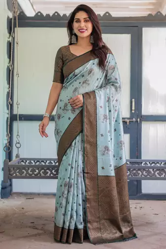 Sea green silk blend banarasi saree with unstitched blouse piece