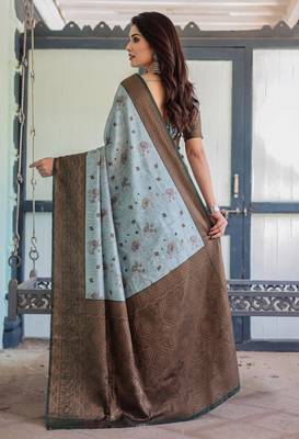 Sea green silk blend banarasi saree with unstitched blouse piece 3