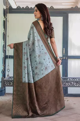 Sea green silk blend banarasi saree with unstitched blouse piece