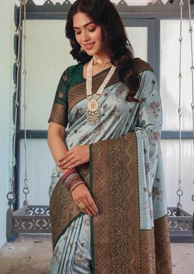 Sea green silk blend banarasi saree with unstitched blouse piece 4