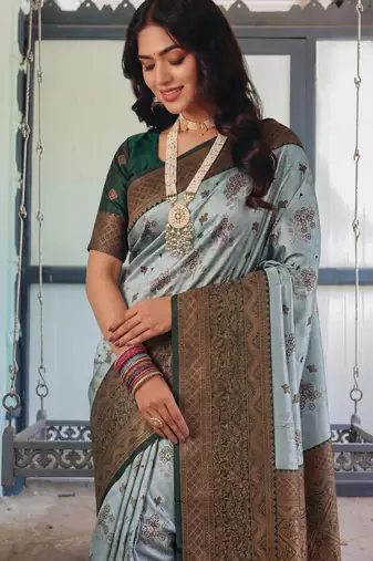 Sea green silk blend banarasi saree with unstitched blouse piece
