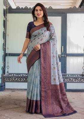 Grey navy blue silk blend banarasi saree with unstitched blouse piece 1