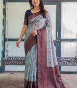 Grey navy blue silk blend banarasi saree with unstitched blouse piece
