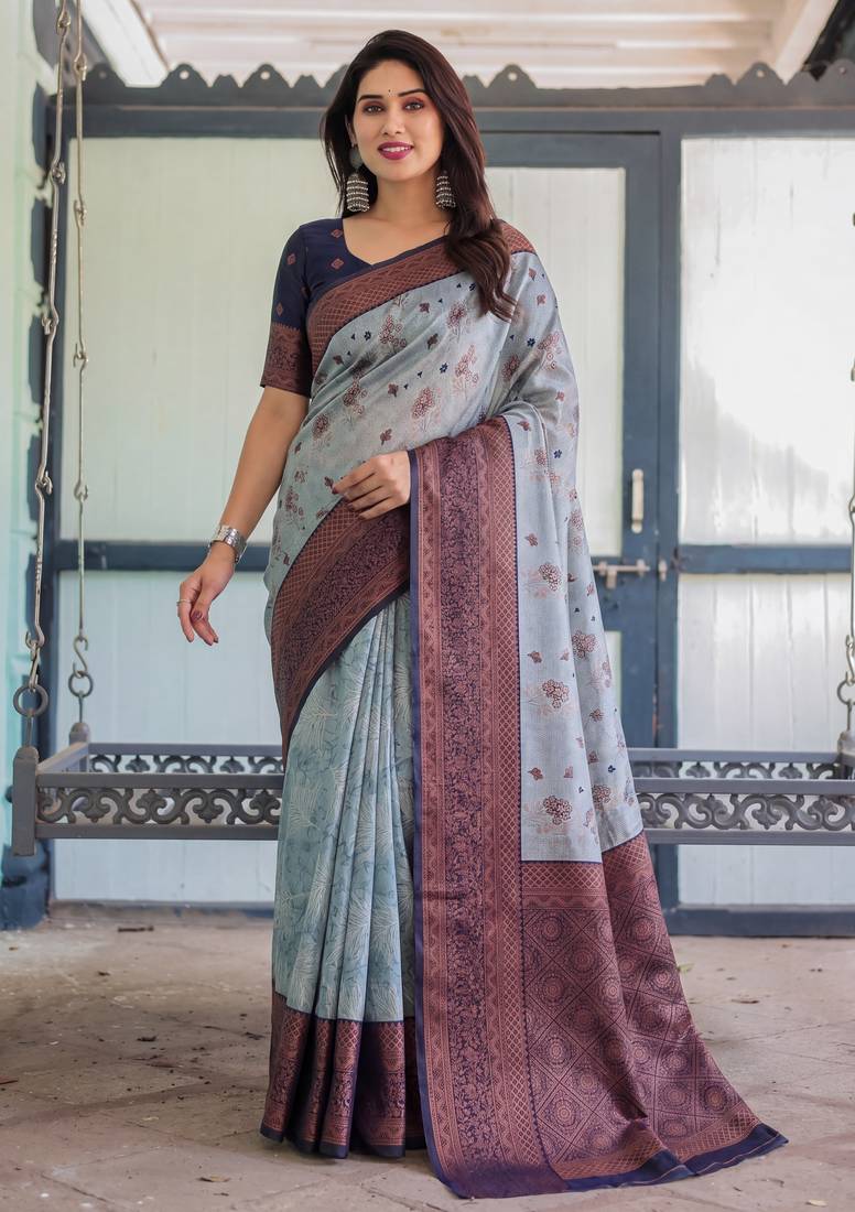 Grey navy blue soft silk blend banarasi jacuard work designer party wear saree with unstitched blouse piece
