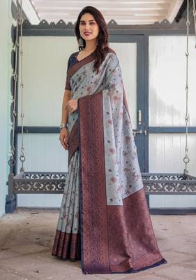 Grey navy blue silk blend banarasi saree with unstitched blouse piece 2