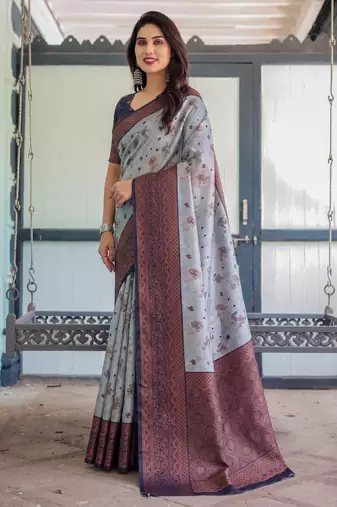 Grey navy blue silk blend banarasi saree with unstitched blouse piece