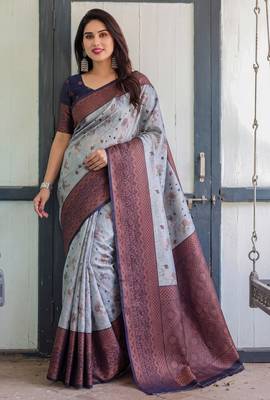 Grey navy blue silk blend banarasi saree with unstitched blouse piece 3
