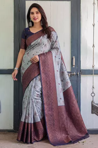 Grey navy blue silk blend banarasi saree with unstitched blouse piece