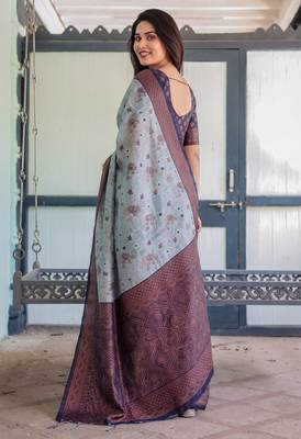 Grey navy blue silk blend banarasi saree with unstitched blouse piece 4